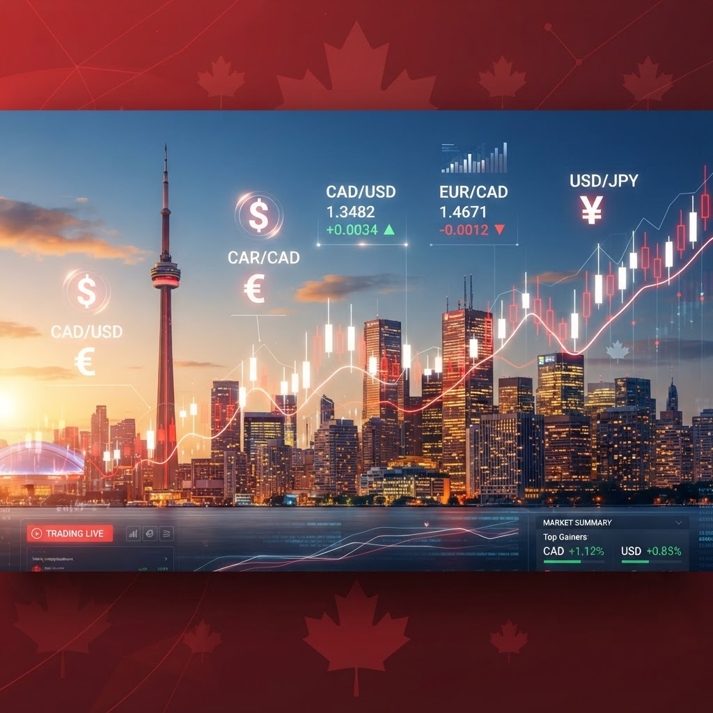 Forex trading in Canada with Toronto skyline and CAD currency charts
